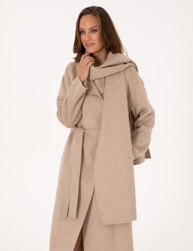 Пальто с несъемным шарфом из смесовой шерсти - G022SZ0KS0BENAL Пальто жен. (VR156, 38)
