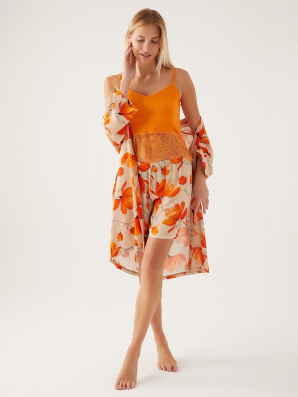 Пижама 3 в 1 с шортами, халатом и топом - G022SZ0HFP028815_IY24 Костюм дом. жен. Бельевое изделие (VR011, XL)