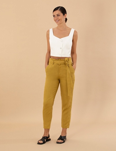 Брюки льняные с поясом зауженные - G022SZ0780PUNTE Брюки жен. (VR235, 34)